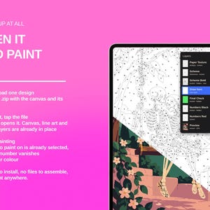 May include: A digital tablet screen displays a paint-by-number skeleton illustration with a layers menu. Text on the bright pink background reads: NO SETUP AT ALL, OPEN IT AND PAINT, 1. Download one design, 2. Unzip it, tap the file, 3. Start painting.
