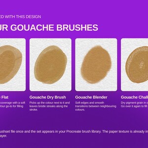 May include: A digital set of four gouache brushes displayed on a purple background. The image shows four brown paint swatches labeled Gouache Flat, Gouache Dry Brush, Gouache Blender, and Gouache Chalky, with text describing the included brushset file.
