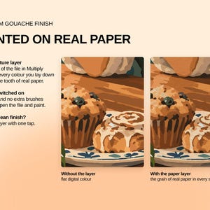 May include: A digital product display featuring the text PREMIUM GOUACHE FINISH PAINTED ON REAL PAPER. Two side-by-side illustrations of muffins and a cinnamon roll show the difference between flat digital color and the added paper texture layer.