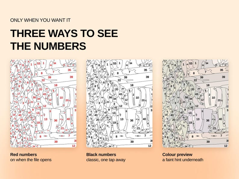 May include: A digital paint-by-number guide featuring three display options labeled ONLY WHEN YOU WANT IT THREE WAYS TO SEE THE NUMBERS. The first shows red numbers, the second shows black numbers, and the third shows a faint color preview underneath.