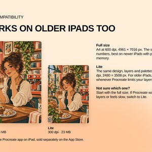 May include: An informational graphic titled IPAD COMPATIBILITY WORKS ON OLDER IPADS TOO. It displays two versions of a digital illustration of a person in a cafe, labeled Full size and Lite, with technical specifications for Procreate file usage.