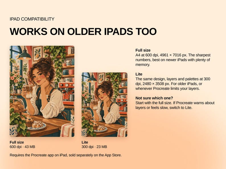 May include: An informational graphic titled IPAD COMPATIBILITY WORKS ON OLDER IPADS TOO. It displays two versions of a digital illustration of a person in a cafe, labeled Full size and Lite, with technical specifications for Procreate file usage.