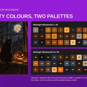 May include: A digital color palette for Procreate titled Sixty Colours, Two Palettes. It features an illustration of a black cat sitting on a windowsill with pumpkins and a full moon, alongside two dark rectangular grids containing sixty numbered color swatches.