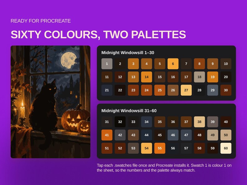 May include: A digital color palette for Procreate titled Sixty Colours, Two Palettes. It features an illustration of a black cat sitting on a windowsill with pumpkins and a full moon, alongside two dark rectangular grids containing sixty numbered color swatches.