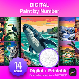 May include: A digital paint by number set featuring 14 designs including a whale, elephant, koala, cat, dog, and llama. The collection includes PNG, PDF, and SVG files with 30 colors, 418-1046 zones, and Procreate swatches at A4 300 DPI resolution.
