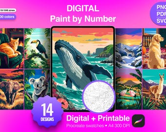 May include: A digital paint by number set featuring 14 designs including a whale, elephant, koala, cat, dog, and llama. The collection includes PNG, PDF, and SVG files with 30 colors, 418-1046 zones, and Procreate swatches at A4 300 DPI resolution.