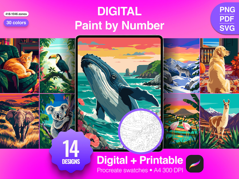 Puede incluir: Un set digital de pintura por n&uacute;meros con 14 dise&ntilde;os que incluyen una ballena, elefante, koala, gato, perro y llama. Incluye archivos PNG, PDF y SVG con 30 colores, 418-1046 zonas y muestras de Procreate en formato A4 a 300 DPI.