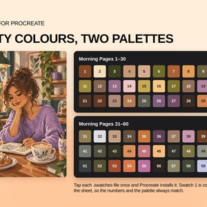 May include: A digital color palette set for Procreate titled Sixty Colours, Two Palettes. It features an illustration of a person writing in a cafe and two black rectangular grids containing sixty numbered color swatches in various earthy and pastel tones.
