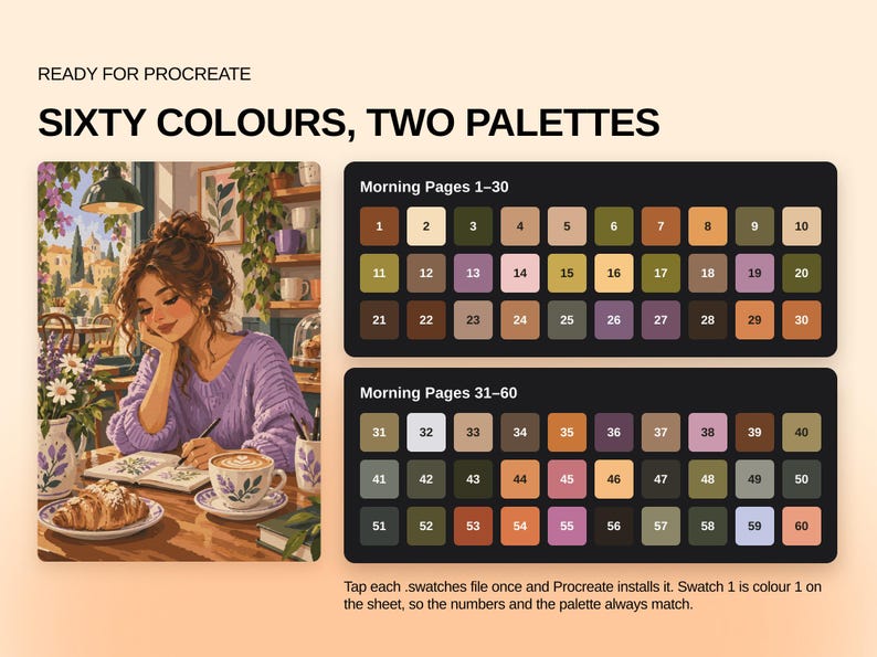 May include: A digital color palette set for Procreate titled Sixty Colours, Two Palettes. It features an illustration of a person writing in a cafe and two black rectangular grids containing sixty numbered color swatches in various earthy and pastel tones.