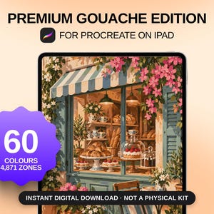 May include: Premium Gouache Edition for Procreate on iPad digital art set. Features a bakery storefront illustration with 60 colors and 4,871 zones. Includes text: Premium Gouache Edition, For Procreate on iPad, 60 Colours, 4,871 Zones, Instant Digital Download.