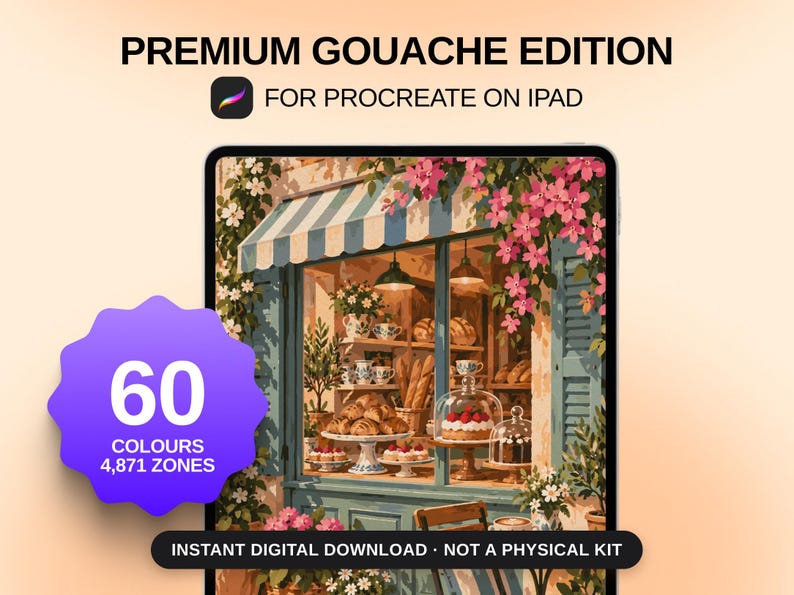 May include: Premium Gouache Edition for Procreate on iPad digital art set. Features a bakery storefront illustration with 60 colors and 4,871 zones. Includes text: Premium Gouache Edition, For Procreate on iPad, 60 Colours, 4,871 Zones, Instant Digital Download.