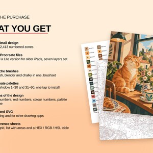 May include: A digital paint-by-number set featuring a ginger cat sitting on a windowsill. The image includes text listing contents: one high-detail design with 60 colors, two Procreate files, four gouache brushes, two palettes, and six design versions.