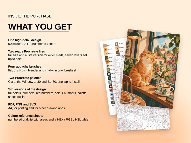 May include: A digital paint-by-number set featuring a ginger cat sitting on a windowsill. The image includes text listing contents: one high-detail design with 60 colors, two Procreate files, four gouache brushes, two palettes, and six design versions.