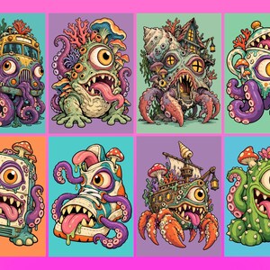 Puede incluir: Una colecci&oacute;n de ocho coloridas ilustraciones que presentan criaturas surrealistas integradas con objetos como un autob&uacute;s escolar, una tetera, un refrigerador, una zapatilla, un barco y un cactus, adornados con tent&aacute;culos, ojos y hongos.
