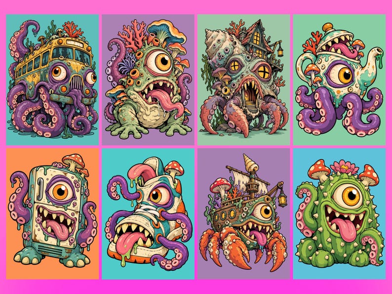 Puede incluir: Una colecci&oacute;n de ocho coloridas ilustraciones que presentan criaturas surrealistas integradas con objetos como un autob&uacute;s escolar, una tetera, un refrigerador, una zapatilla, un barco y un cactus, adornados con tent&aacute;culos, ojos y hongos.