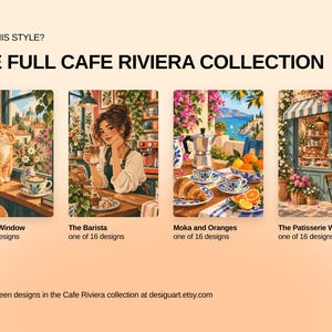 May include: A collection of four illustrated art prints titled The Full Cafe Riviera Collection. The images depict a cat at a window, a barista, a moka pot with oranges, and a patisserie window. Each print features warm, vibrant colors.