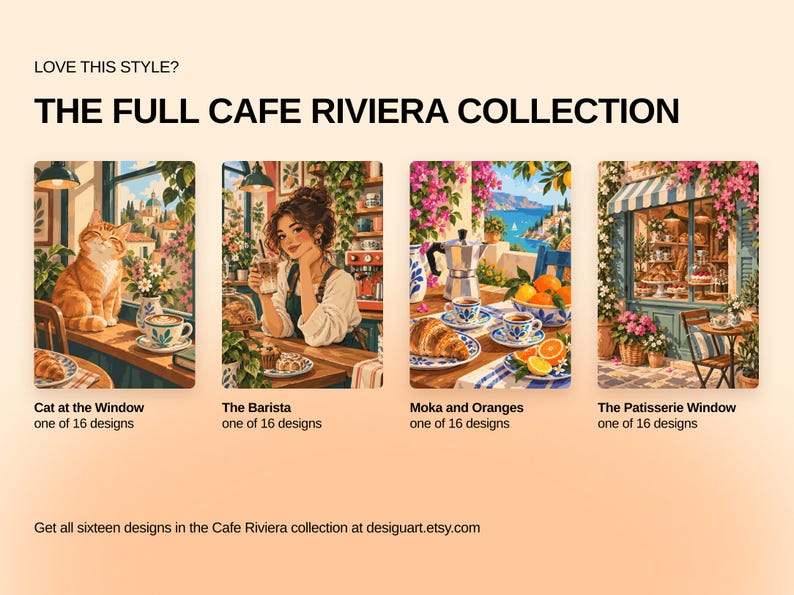 May include: A collection of four illustrated art prints titled The Full Cafe Riviera Collection. The images depict a cat at a window, a barista, a moka pot with oranges, and a patisserie window. Each print features warm, vibrant colors.