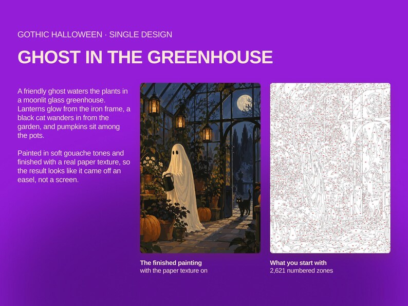 May include: A paint-by-number kit titled Ghost in the Greenhouse featuring a white ghost watering plants in a moonlit glass greenhouse with hanging lanterns, pumpkins, and a black cat. Includes a finished painting and a numbered outline template.