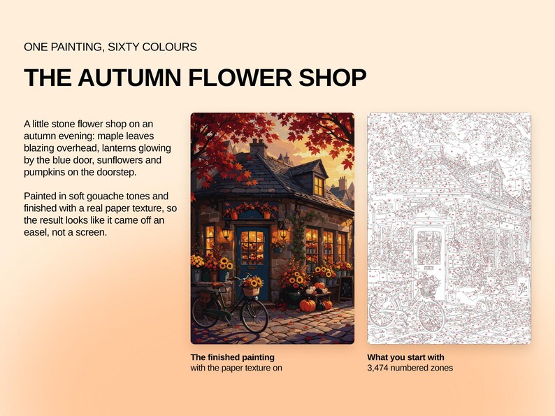 May include: A paint-by-numbers kit titled The Autumn Flower Shop, featuring a stone building with a blue door, sunflowers, pumpkins, and a bicycle. The set includes a finished painting example and a canvas with 3,474 numbered zones for painting.