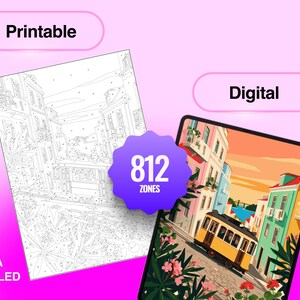 May include: A digital and printable coloring page set featuring a detailed street scene with a yellow tram, colorful buildings, and flowers. A purple badge in the center displays the text 812 ZONES. The image includes the labels Printable, Digital, and EXTRA DETAILED.