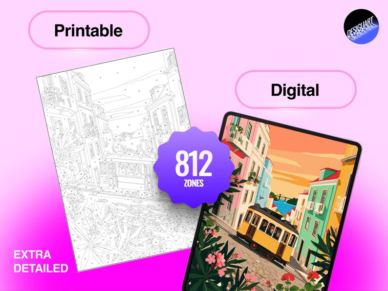 May include: A digital and printable coloring page set featuring a detailed street scene with a yellow tram, colorful buildings, and flowers. A purple badge in the center displays the text 812 ZONES. The image includes the labels Printable, Digital, and EXTRA DETAILED.