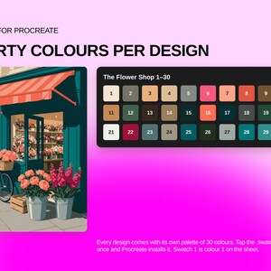 May include: A digital color palette for Procreate titled The Flower Shop 1-30, featuring an illustration of a flower shop with a bicycle and thirty numbered color swatches in a dark rectangular grid on a bright pink background.