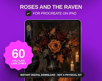 Rosas y el Cuervo: Colorea por números, página digital gótica para colorear en Procreate.