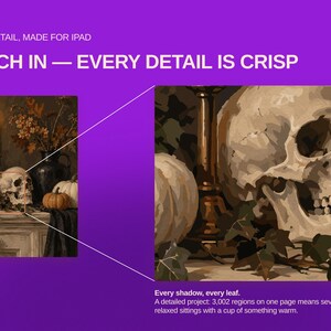 May include: A digital painting project for iPad featuring a still life with a human skull, pumpkins, a lit candle, and foliage. The image includes text: HIGH DETAIL, MADE FOR IPAD, PINCH IN &mdash; EVERY DETAIL IS CRISP, and Every shadow, every leaf.