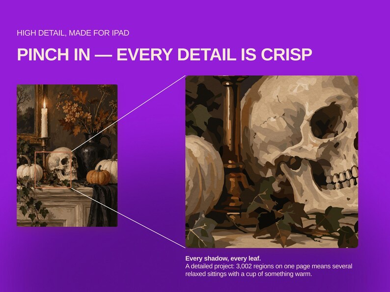May include: A digital painting project for iPad featuring a still life with a human skull, pumpkins, a lit candle, and foliage. The image includes text: HIGH DETAIL, MADE FOR IPAD, PINCH IN &mdash; EVERY DETAIL IS CRISP, and Every shadow, every leaf.