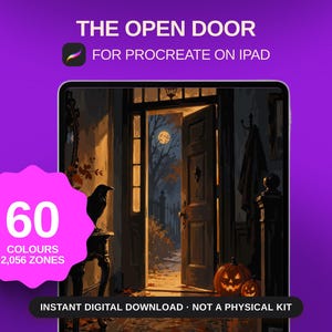 Op de afbeelding: Een digitaal kunstbestand voor Procreate op iPad genaamd THE OPEN DOOR, met een donkere interieursc&egrave;ne met een open deur naar een nacht bij maanlicht, een raaf en pompoenen. Een roze badge toont 60 COLOURS en 2,056 ZONES. Tekst: INSTANT DIGITAL DOWNLOAD NOT A PHYSICAL KIT.