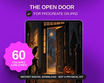 La puerta abierta para colorear por números: Pasillo iluminado por la luna con un cuervo, página para colorear digital para Procreate