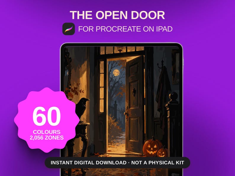 Op de afbeelding: Een digitaal kunstbestand voor Procreate op iPad genaamd THE OPEN DOOR, met een donkere interieursc&egrave;ne met een open deur naar een nacht bij maanlicht, een raaf en pompoenen. Een roze badge toont 60 COLOURS en 2,056 ZONES. Tekst: INSTANT DIGITAL DOWNLOAD NOT A PHYSICAL KIT.