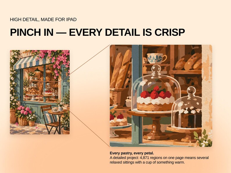 May include: A digital illustration of a bakery storefront with a striped awning and flowers, featuring a zoomed-in view of cakes under glass domes. Text reads: HIGH DETAIL, MADE FOR IPAD, PINCH IN &mdash; EVERY DETAIL IS CRISP, Every pastry, every petal.