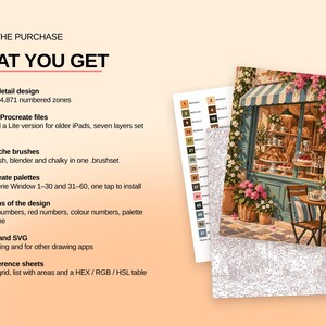 May include: A digital art kit featuring a bakery window illustration with 60 colors and 4,871 numbered zones. Includes Procreate files, four gouache brushes, two color palettes, six design versions, PDF, PNG, and SVG files, and color reference sheets.