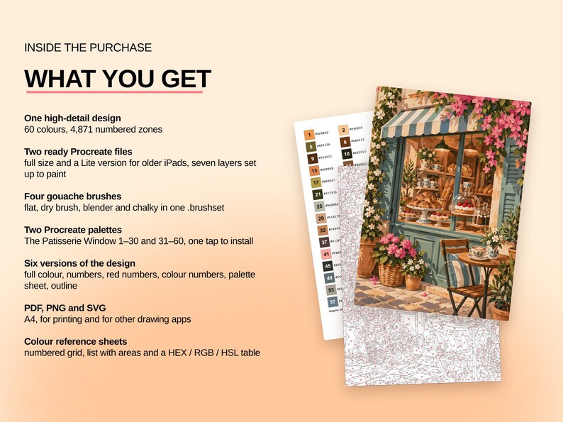 May include: A digital art kit featuring a bakery window illustration with 60 colors and 4,871 numbered zones. Includes Procreate files, four gouache brushes, two color palettes, six design versions, PDF, PNG, and SVG files, and color reference sheets.