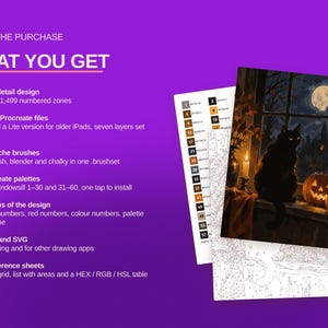 May include: A digital art kit featuring a black cat sitting on a windowsill with pumpkins and a full moon. The text includes INSIDE THE PURCHASE, WHAT YOU GET, and lists components like Procreate files, gouache brushes, palettes, and reference sheets.