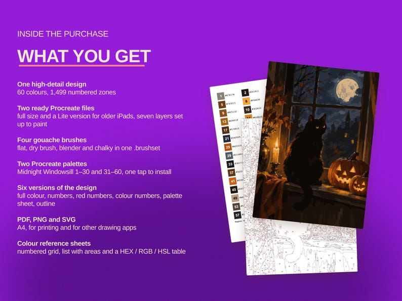 May include: A digital art kit featuring a black cat sitting on a windowsill with pumpkins and a full moon. The text includes INSIDE THE PURCHASE, WHAT YOU GET, and lists components like Procreate files, gouache brushes, palettes, and reference sheets.
