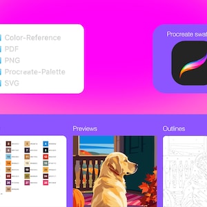 Puede incluir: Un conjunto de archivos digitales que incluye un icono de muestras de Procreate, una lista de formatos de archivo como PDF, PNG y SVG, una paleta de colores con treinta muestras numeradas, una ilustraci&oacute;n en color de un golden retriever y un dibujo de contorno numerado.