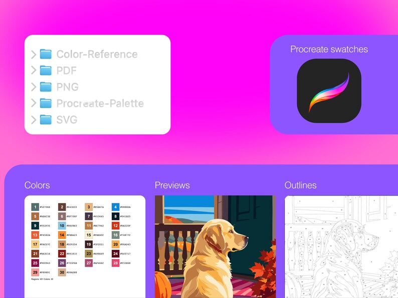 Puede incluir: Un conjunto de archivos digitales que incluye un icono de muestras de Procreate, una lista de formatos de archivo como PDF, PNG y SVG, una paleta de colores con treinta muestras numeradas, una ilustraci&oacute;n en color de un golden retriever y un dibujo de contorno numerado.