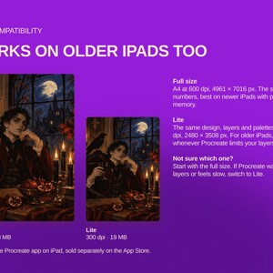 May include: A digital product graphic on a purple background featuring two versions of a gothic illustration showing a person with a raven, candles, and a moonlit window. Text includes IPAD COMPATIBILITY, WORKS ON OLDER IPADS TOO, Full size, and Lite.