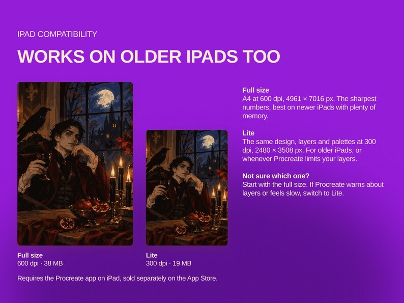 May include: A digital product graphic on a purple background featuring two versions of a gothic illustration showing a person with a raven, candles, and a moonlit window. Text includes IPAD COMPATIBILITY, WORKS ON OLDER IPADS TOO, Full size, and Lite.