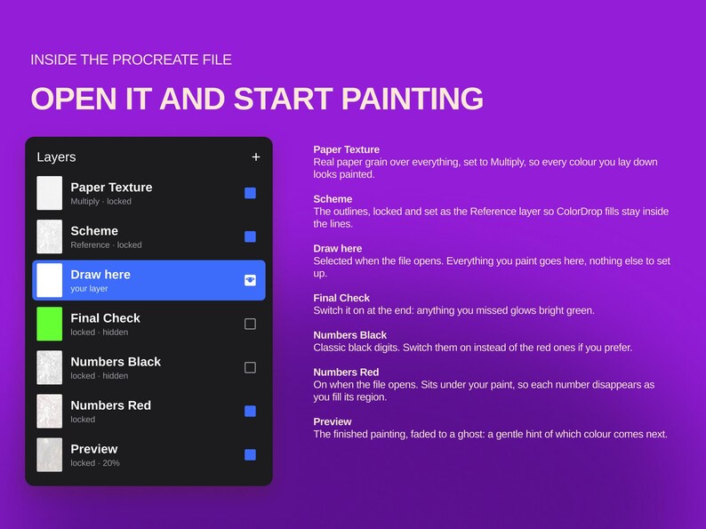May include: A digital interface graphic on a purple background displaying a Procreate file layer panel. The text reads: INSIDE THE PROCREATE FILE, OPEN IT AND START PAINTING, Paper Texture, Scheme, Draw here, Final Check, Numbers Black, Numbers Red, Preview.