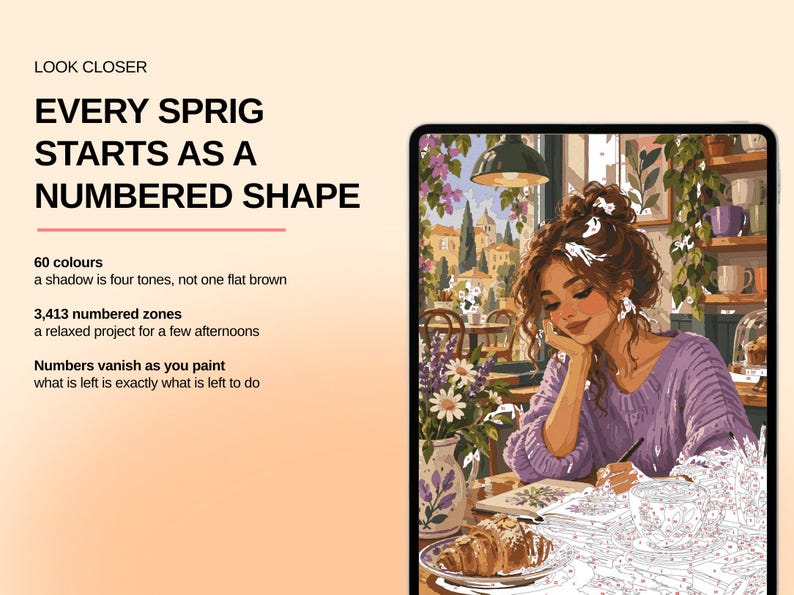 May include: A paint-by-numbers kit displayed on a tablet screen showing a person in a purple sweater painting at a cafe table with a croissant. Text reads: LOOK CLOSER, EVERY SPRIG STARTS AS A NUMBERED SHAPE, 60 colours, 3,413 numbered zones.