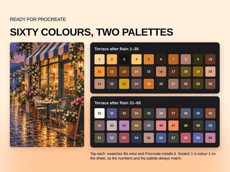 May include: A digital color palette set for Procreate titled Sixty Colours, Two Palettes. It includes an illustration of a cafe terrace after rain and two rectangular grids containing sixty numbered color swatches in various shades.