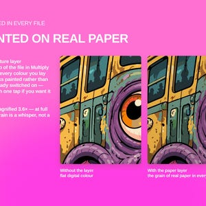 Puede incluir: Un gr&aacute;fico comparativo sobre fondo rosa con el texto INCLUDED IN EVERY FILE PAINTED ON REAL PAPER. Dos paneles lado a lado muestran una ilustraci&oacute;n de un autob&uacute;s amarillo y una criatura morada, uno plano y otro con textura.