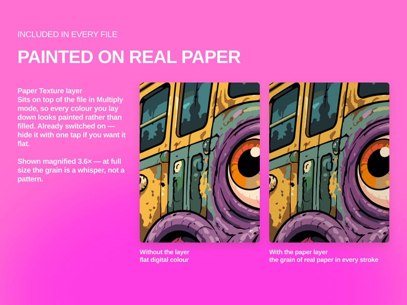 Puede incluir: Un gr&aacute;fico comparativo sobre fondo rosa con el texto INCLUDED IN EVERY FILE PAINTED ON REAL PAPER. Dos paneles lado a lado muestran una ilustraci&oacute;n de un autob&uacute;s amarillo y una criatura morada, uno plano y otro con textura.