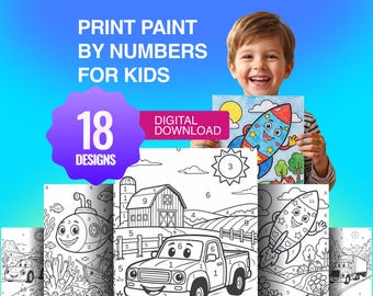 Puede incluir: Un conjunto de descarga digital de 18 diseños de pintura por números para niños. La colección presenta ilustraciones de líneas en blanco y negro que incluyen un cohete, una granja con un camión, un submarino y varios vehículos, todos numerados.