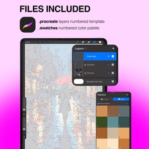 May include: A digital Procreate paint-by-number template featuring a numbered line art scene of a person with an umbrella on a city street. Includes a layers panel, a numbered color palette, and text stating FILES INCLUDED, .procreate, and .swatches.