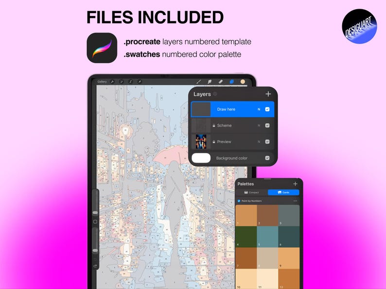 May include: A digital Procreate paint-by-number template featuring a numbered line art scene of a person with an umbrella on a city street. Includes a layers panel, a numbered color palette, and text stating FILES INCLUDED, .procreate, and .swatches.