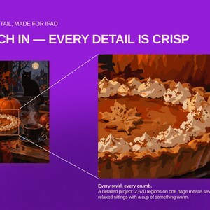 May include: A digital graphic on a purple background featuring a pumpkin pie illustration with whipped cream and a maple leaf garnish. Text reads: HIGH DETAIL, MADE FOR IPAD, PINCH IN &mdash; EVERY DETAIL IS CRISP, Every swirl, every crumb. A detailed project: 2,670 regions.